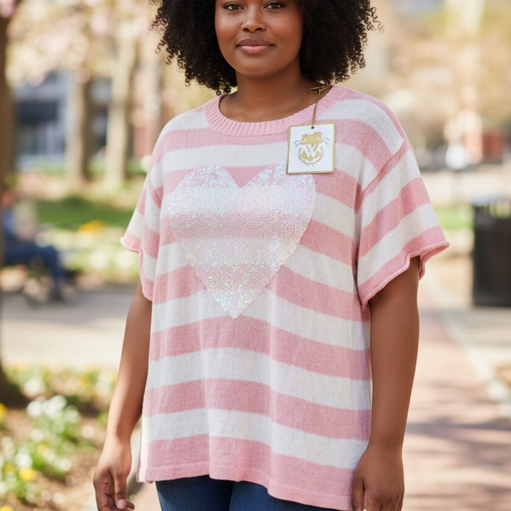 Cozy Pink and White Striped Heart Tee
